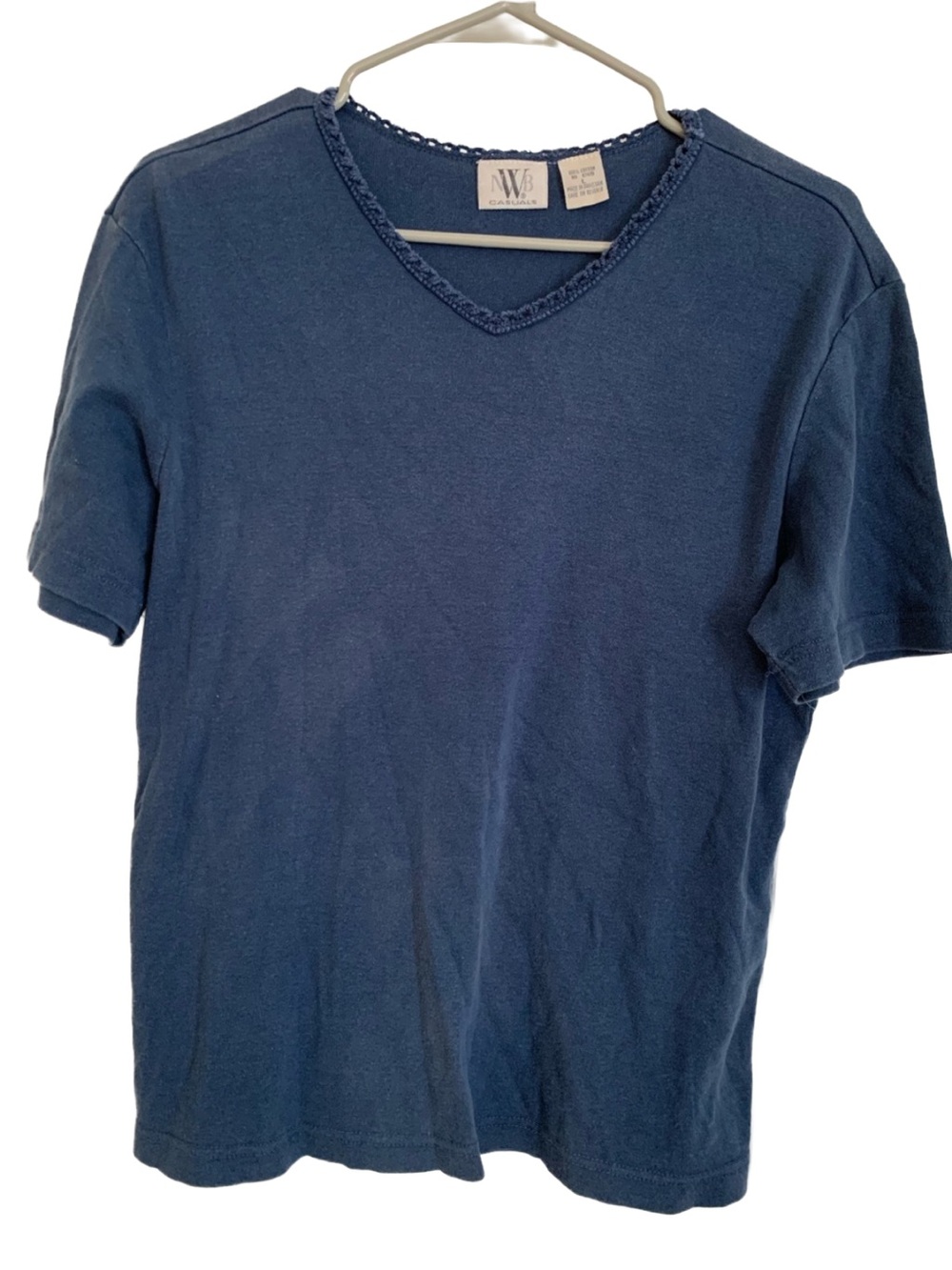 Women’s Blue crocheted High V-neck Short Sleeve Thick Cotton Tee Shirt